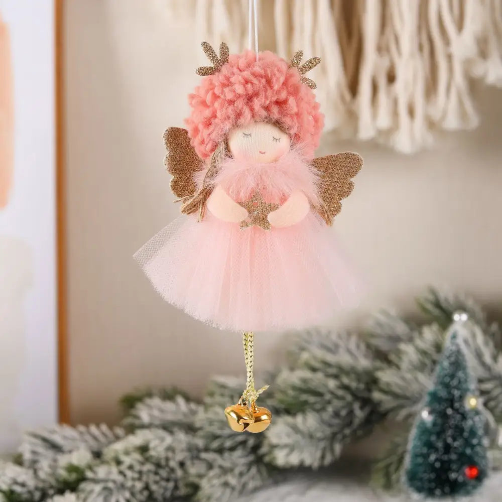 Gold and White Angel Ornament with Bells and Glitter Wings - Christmas Hanging Decoration 16*10*5cm Pink colour (5
