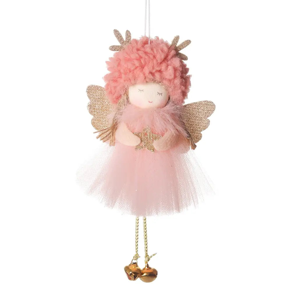 Gold and White Angel Ornament with Bells and Glitter Wings - Christmas Hanging Decoration 16*10*5cm Pink colour (5