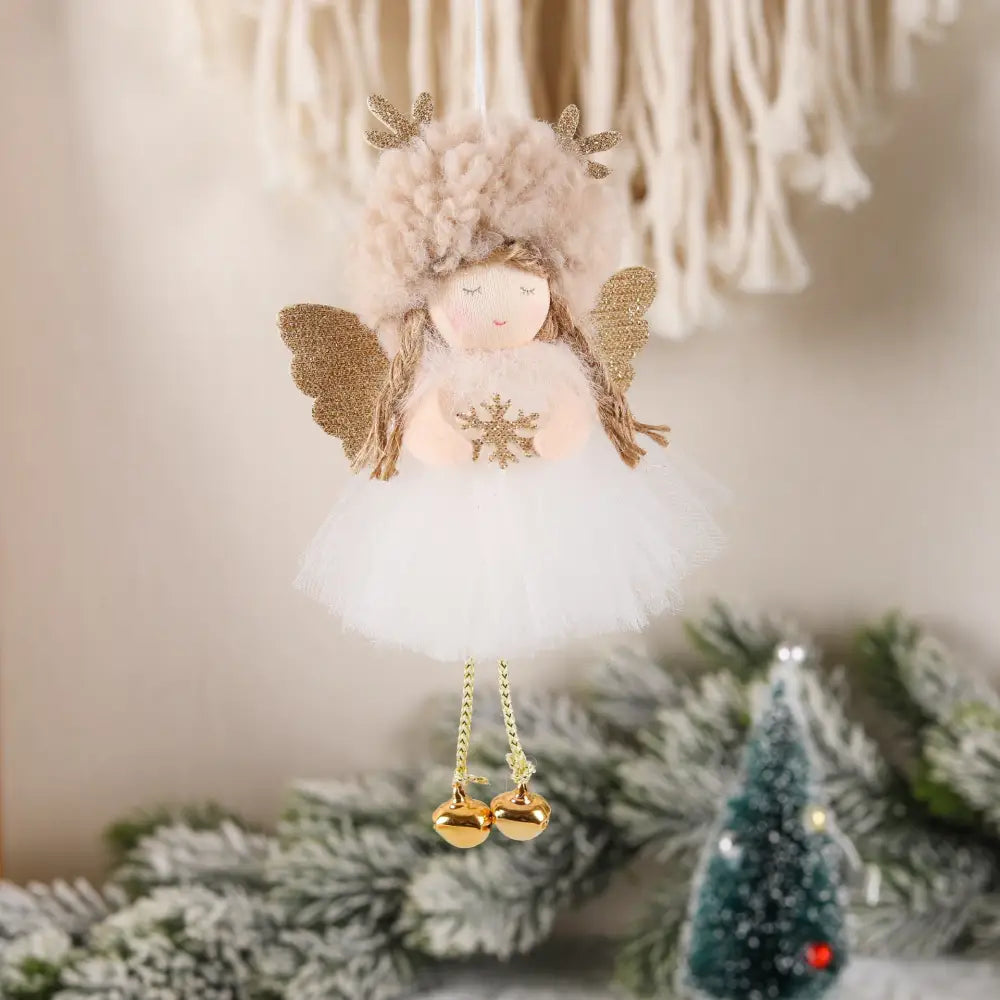 Gold and White Angel Ornament with Bells and Glitter Wings - Christmas Hanging Decoration 16*10*5cm Coffee colour (5