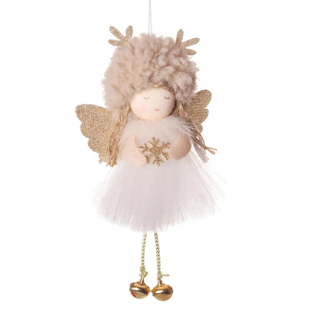 Gold and White Angel Ornament with Bells and Glitter Wings - Christmas Hanging Decoration 16*10*5cm Coffee colour (5