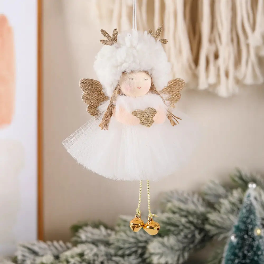 Gold and White Angel Ornament with Bells and Glitter Wings - Christmas Hanging Decoration 16*10*5cm White colour (5