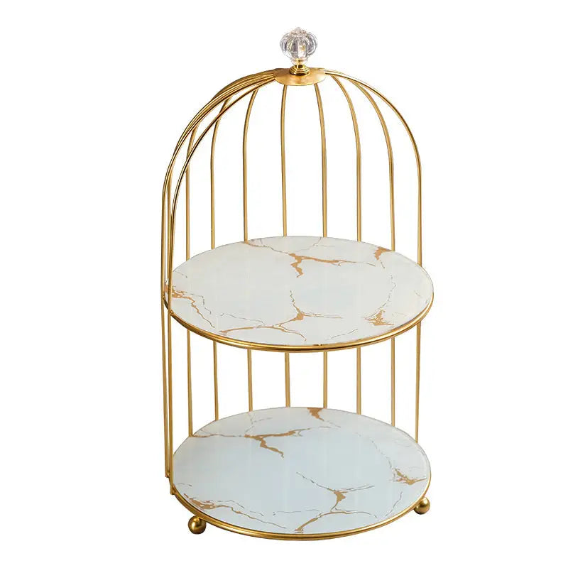 Gold and White Elegant 2-Tier Gold Birdcage Cosmetic Organizer - Wrought Iron Countertop Storage Rack for Skincare