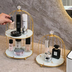 Gold and White Elegant 2-Tier Gold Birdcage Cosmetic Organizer - Wrought Iron Countertop Storage Rack for Skincare