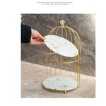 Gold and White Elegant 2-Tier Gold Birdcage Cosmetic Organizer - Wrought Iron Countertop Storage Rack for Skincare