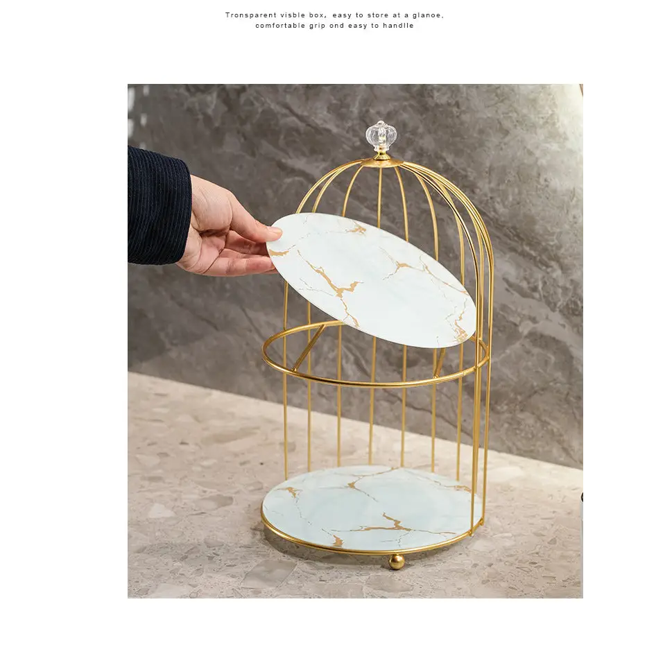 Gold and White Elegant 2-Tier Gold Birdcage Cosmetic Organizer - Wrought Iron Countertop Storage Rack for Skincare