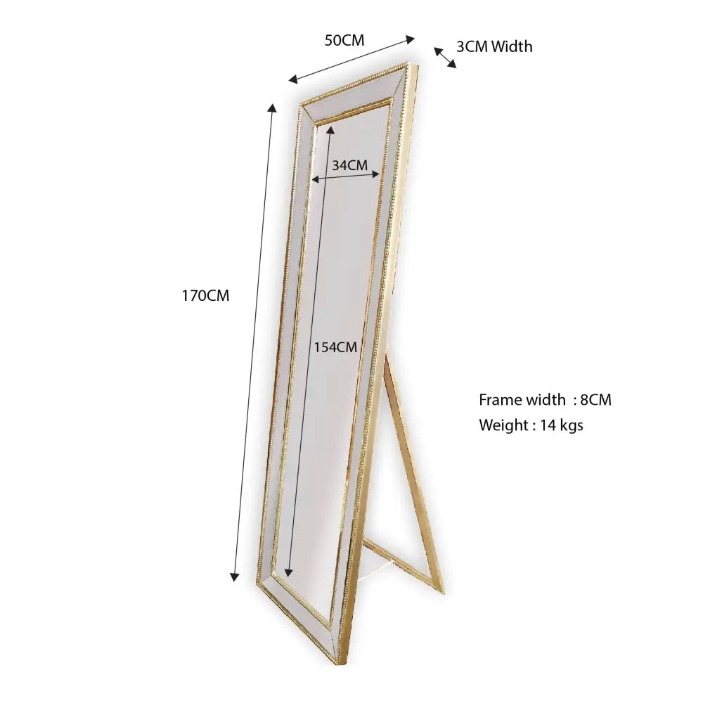 Gold Beaded Framed Mirror - Free Standing 50cm x 170cm - Home & Garden > Decor