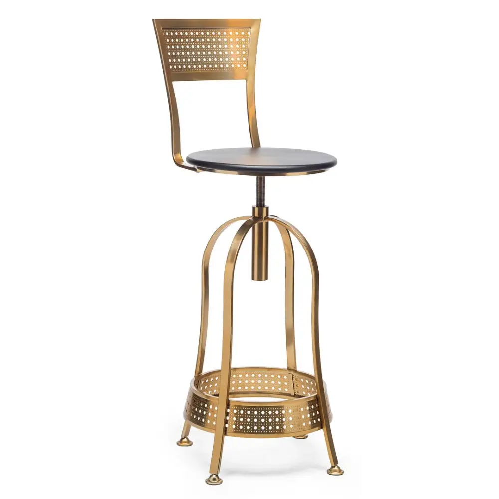 Gold Black Swivel Kitchen Bar Stool Chair with High Back in Netted Design Frame - Furniture > Bar Stools & Chairs