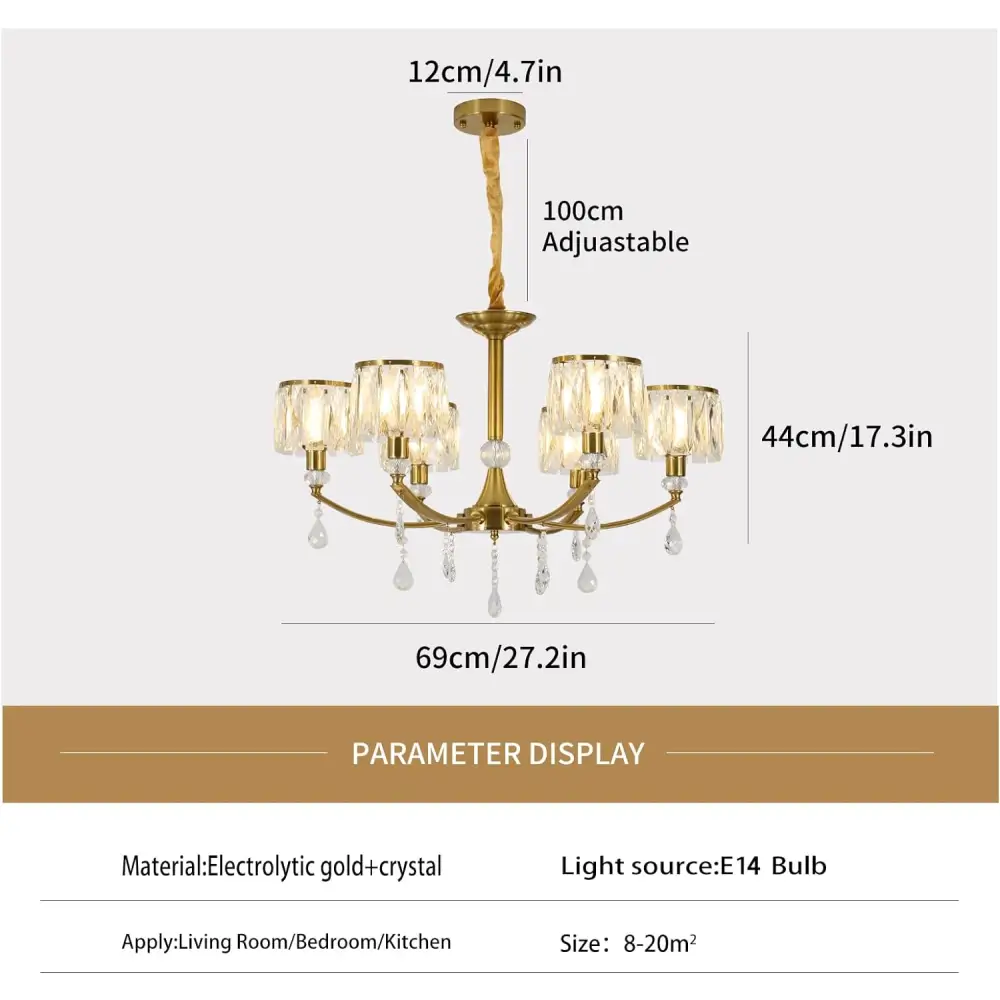 Gold Chandelier 6 Lights Wagon Wheel Clear Crystal - Home & Garden > Lighting