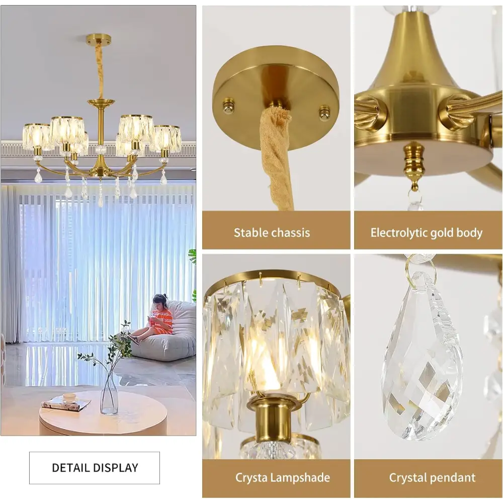 Gold Chandelier 6 Lights Wagon Wheel Clear Crystal - Home & Garden > Lighting