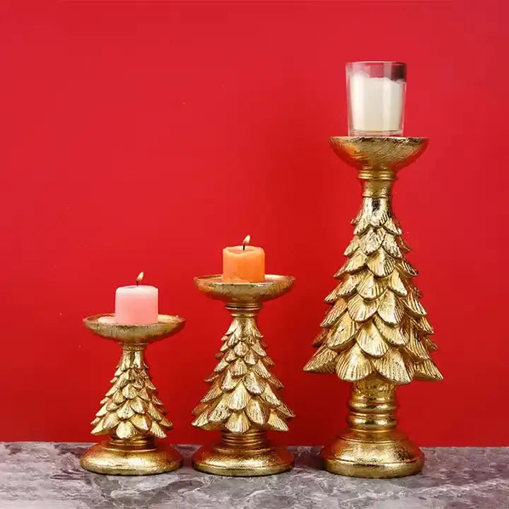 Gold Christmas Tree Candle Holder - Elegant Resin Pillar Stand 27.5cm Festive Decoration - Occasions > Christmas >