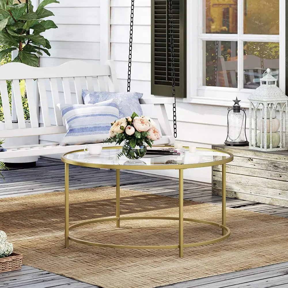 Gold Glass Table with Golden Iron Frame Stable and Robust Tempered Glass - Furniture > Living Room