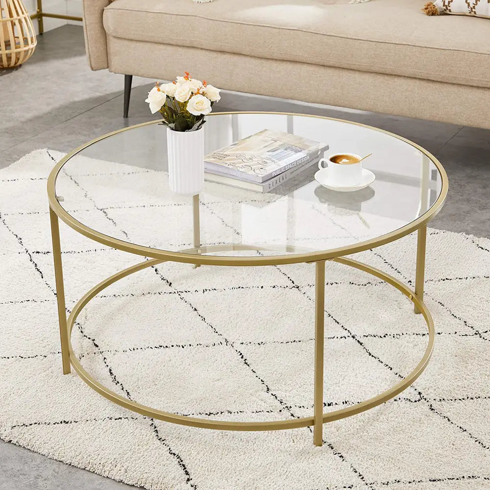 Gold Glass Table with Golden Iron Frame Stable and Robust Tempered Glass - Furniture > Living Room