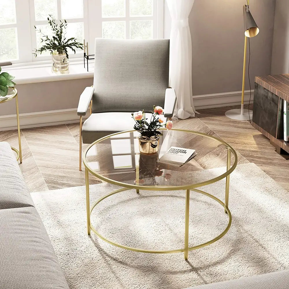 Gold Glass Table with Golden Iron Frame Stable and Robust Tempered Glass - Furniture > Living Room