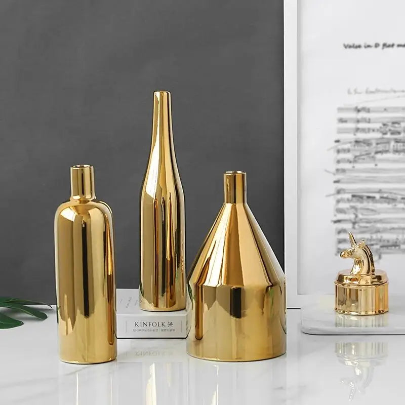 Gold Plated Ceramic Flower Vase - Desktop Decorative Three-piece Set - Home & Garden > Decor > Vases & Table Decor