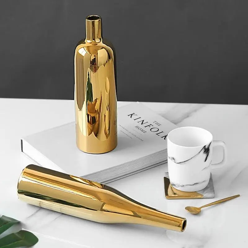 Gold Plated Ceramic Flower Vase - Desktop Decorative Three-piece Set - Home & Garden > Decor > Vases & Table Decor
