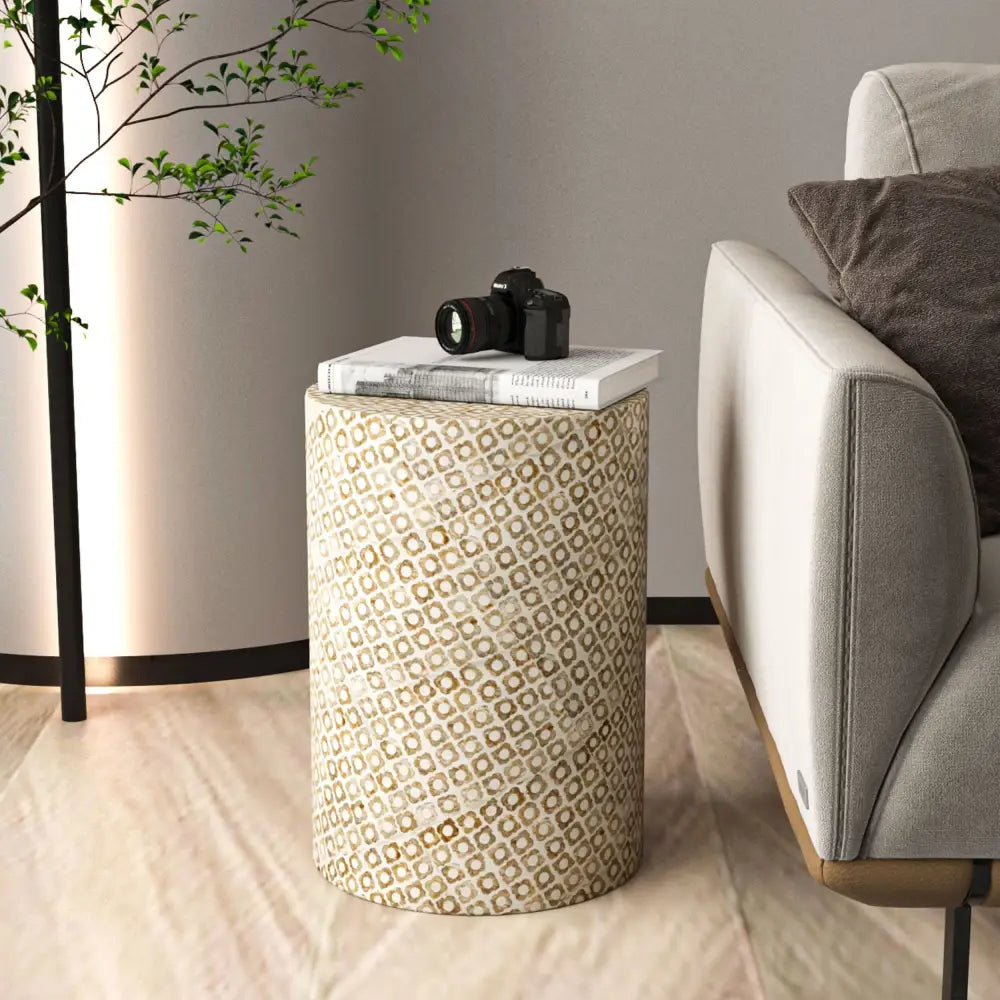 GOLDIE CIRCULAR MOTHER OF PEARL STOOL/SIDE TABLE - Furniture > Living Room > Side Tables
