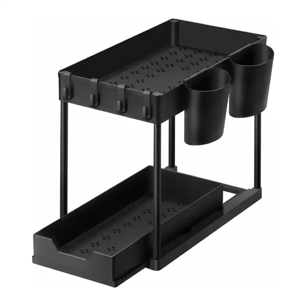 GOMINIMO 2 Packs 2-Tier Under Sink Organizer Shelf with 8 Hanging Hooks and 2 Cup Holders (Black) GO-USO-102-NE - Home