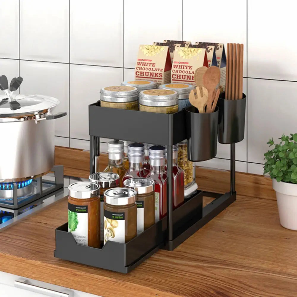 GOMINIMO 2 Packs 2-Tier Under Sink Organizer Shelf with 8 Hanging Hooks and 2 Cup Holders (Black) GO-USO-102-NE - Home