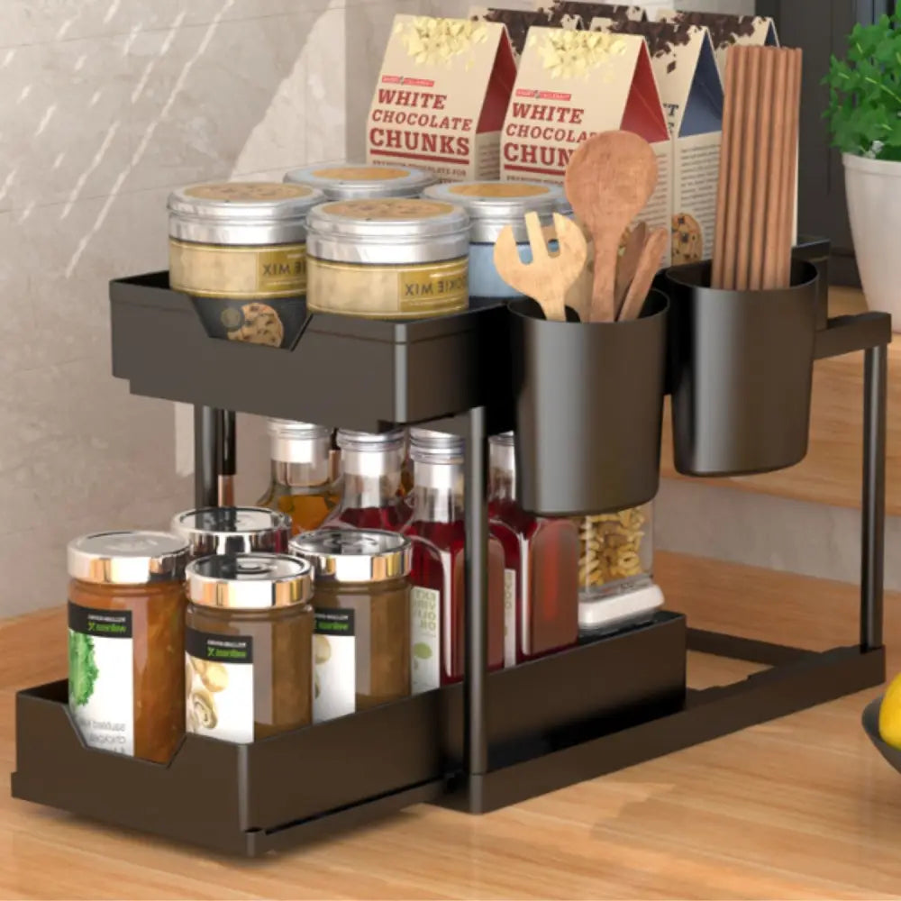 GOMINIMO 2 Packs 2-Tier Under Sink Organizer Shelf with 8 Hanging Hooks and 2 Cup Holders (Black) GO-USO-102-NE - Home