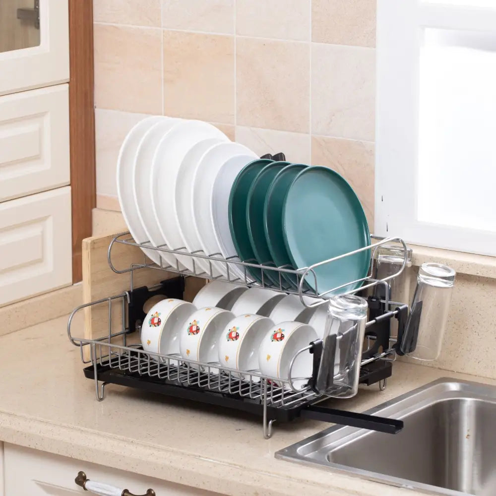 GOMINIMO 2-Tier Dish Drying Rack with Draining Board and Cup Holder GO-DR-100-YH - Home & Garden > Kitchen Bins