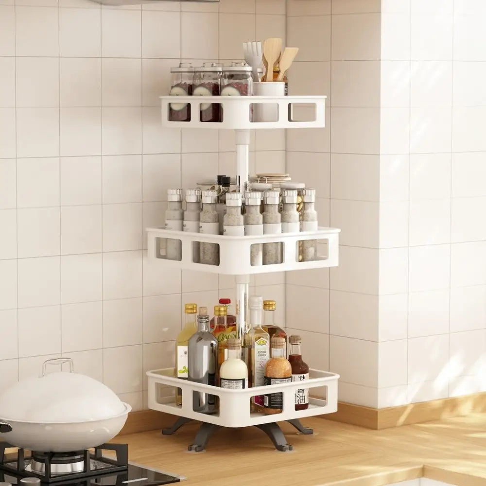 GOMINIMO 3 Tier Rotating Spice Rack Square Shape (White) - Furniture > Living Room > Side Tables