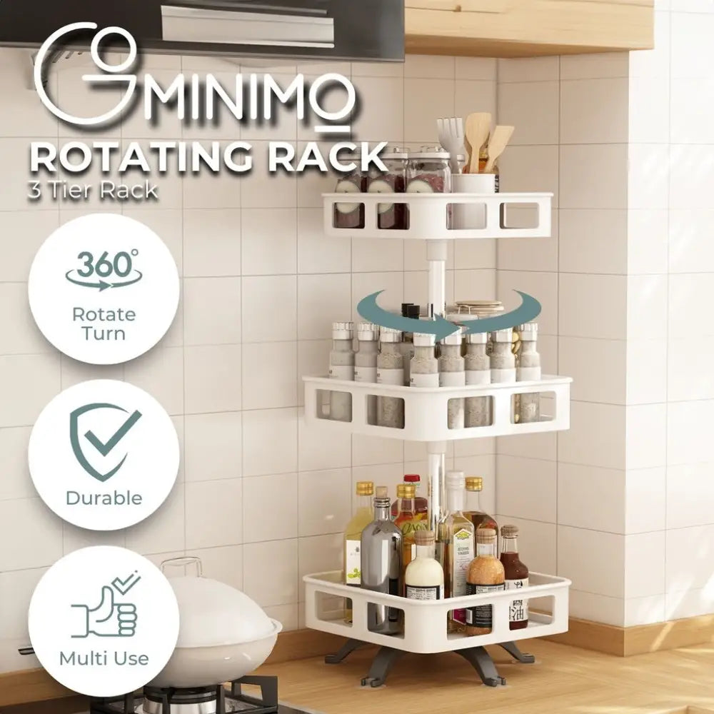 GOMINIMO 3 Tier Rotating Spice Rack Square Shape (White) - Furniture > Living Room > Side Tables