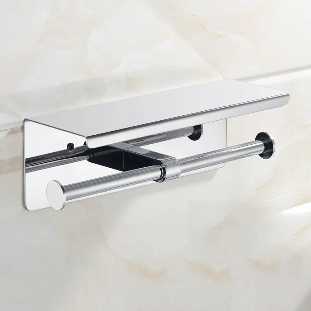 GOMINIMO 304 Stainless Steel Double Toilet Paper Roll Holder with Phone Shelf (Silver) - Home & Garden > Bathroom