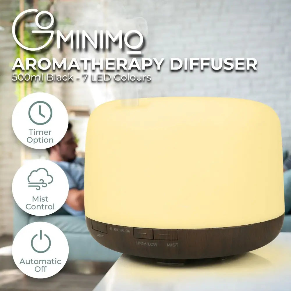 GOMINIMO 5 in1 LED Aromatherapy Essential Oil Diffuser 500ml (Dark Wood Base) - Appliances > Aroma Diffusers &