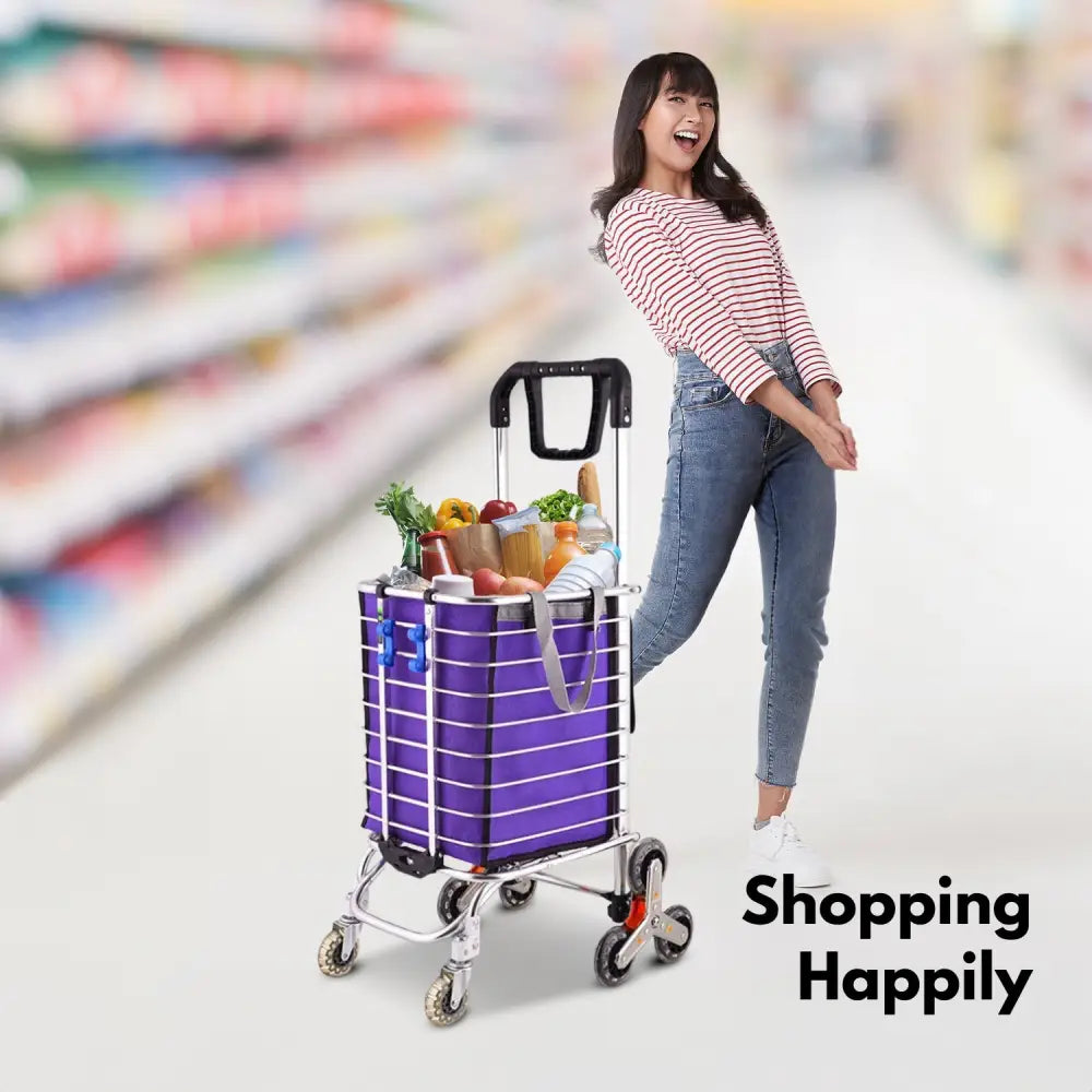 GOMINIMO Foldable Aluminum Shopping Trolley Cart with Wheels and Lids (Purple and Silver) GO-STY-103-XR - Home & Garden