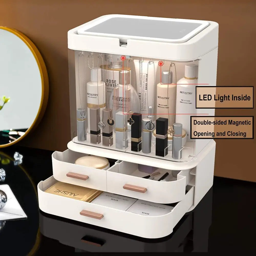 GOMINIMO LED Makeup Organizer with LED Makeup Mirror (White) - Health & Beauty > Makeup > Makeup Mirrors