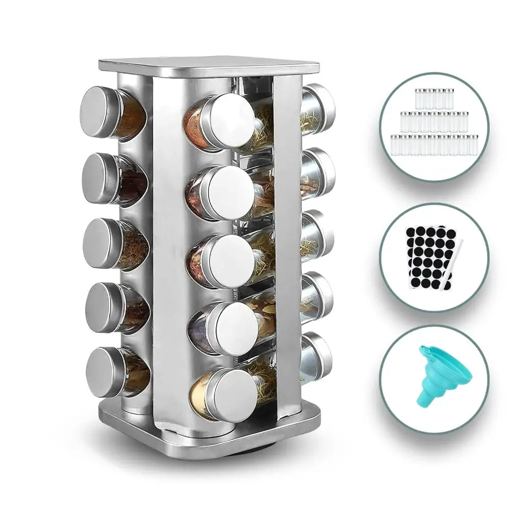 Gominimo Quadrate Rotating Spice Rack Organizer (20 Jars) with Label Sticker and Silicone Funnel - Home & Garden >