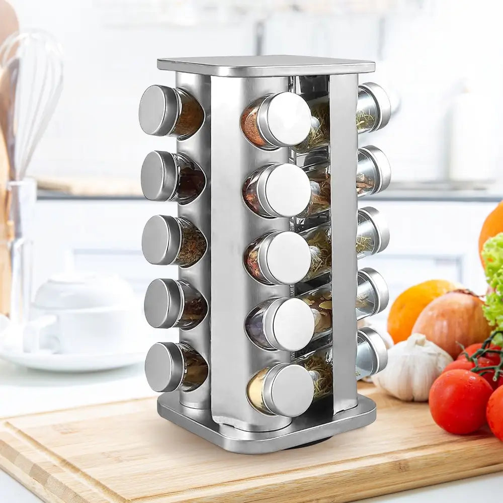 Gominimo Quadrate Rotating Spice Rack Organizer (20 Jars) with Label Sticker and Silicone Funnel - Home & Garden >