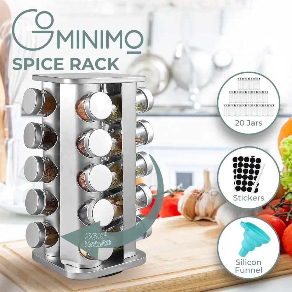 Gominimo Quadrate Rotating Spice Rack Organizer (20 Jars) with Label Sticker and Silicone Funnel - Home & Garden >