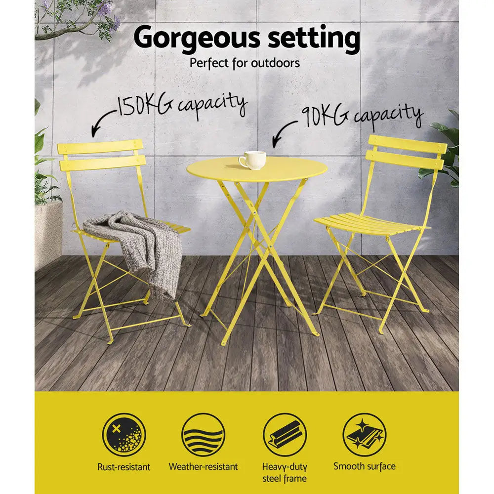Gradeon 3PC Outdoor Bistro Set Steel Table and Chairs Patio Furniture Yellow - Furniture > Outdoor