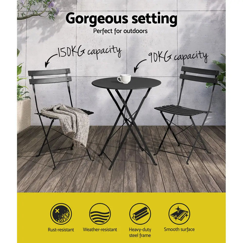 Gradeon 3PC Outdoor Bistro Set Steel Table and Chairs Patio Furniture Black - Furniture > Outdoor