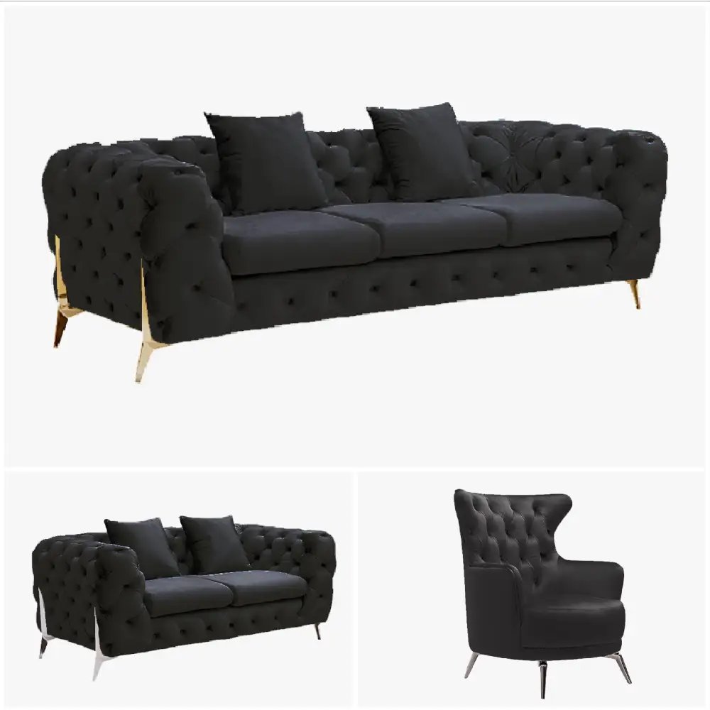 Grand Tufted Lounge - Black Velvet - Silver Legs - Furniture > Sofas