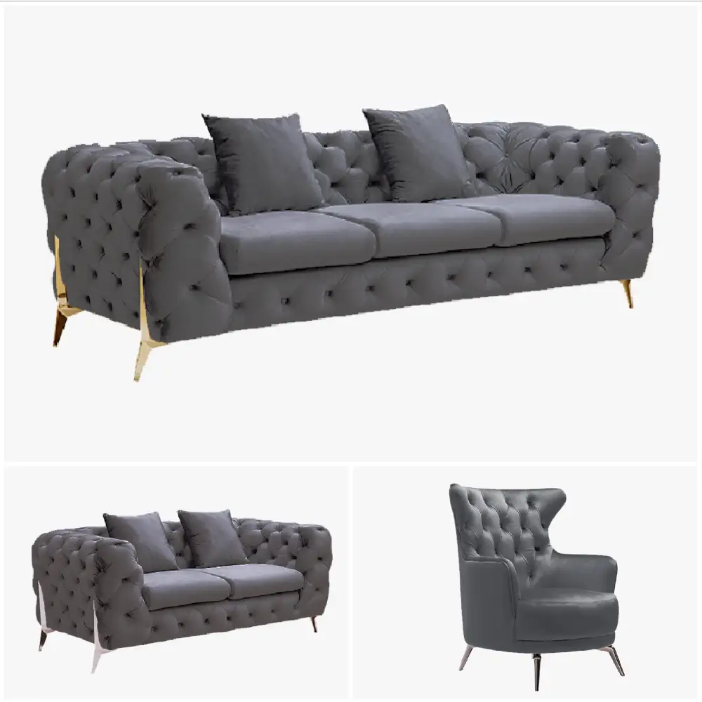 Grand Tufted Lounge - Dark Grey Velvet - Silver Legs - Furniture > Sofas