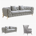 Grand Tufted Lounge - Light Grey Velvet - Gold Legs - Furniture > Sofas