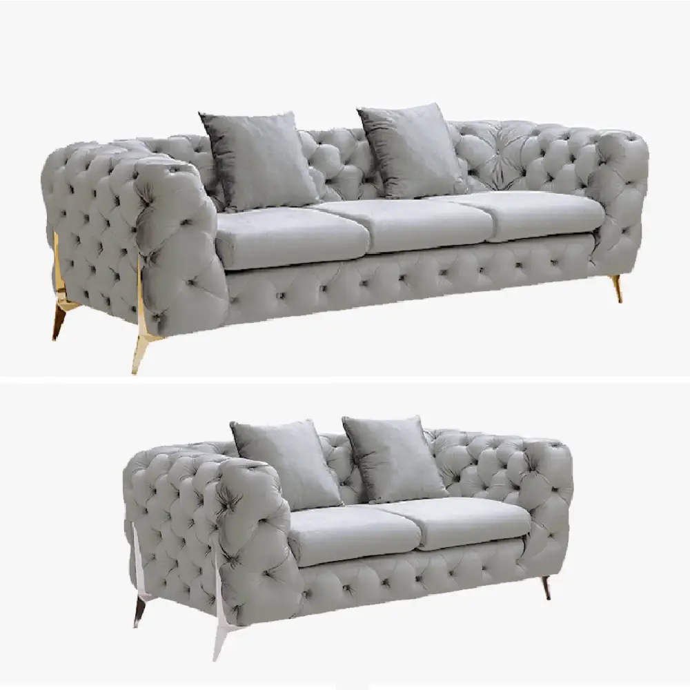 Grand Tufted Lounge - Light Grey Velvet - Silver Legs - Furniture > Sofas