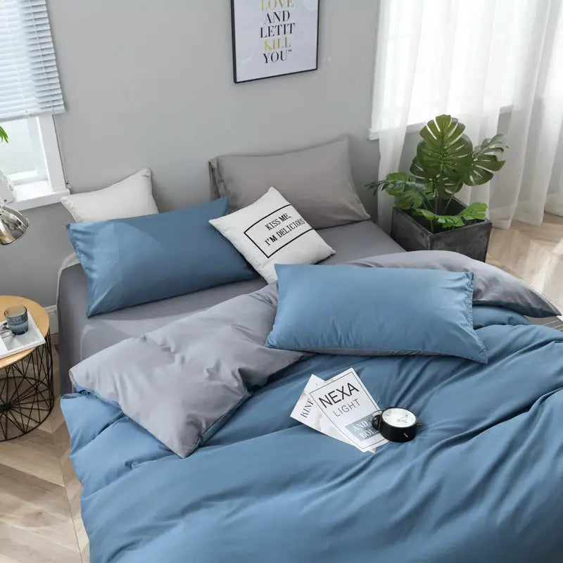 Gray And Blue Stitching Ultra-Soft Solid Color 4-Piece Bedding Set - Queen Size(Suitable for 2m bed) - Home & Garden >