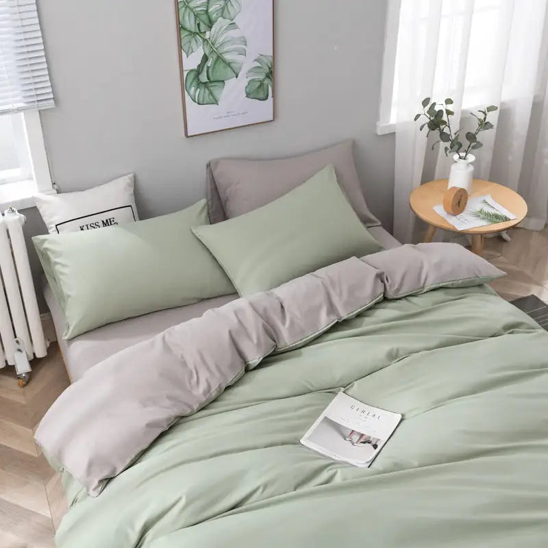 Gray And Green Stitching Ultra-Soft Solid Color 4-Piece Bedding Set - Queen Size(Suitable for 2m bed) - Home & Garden >