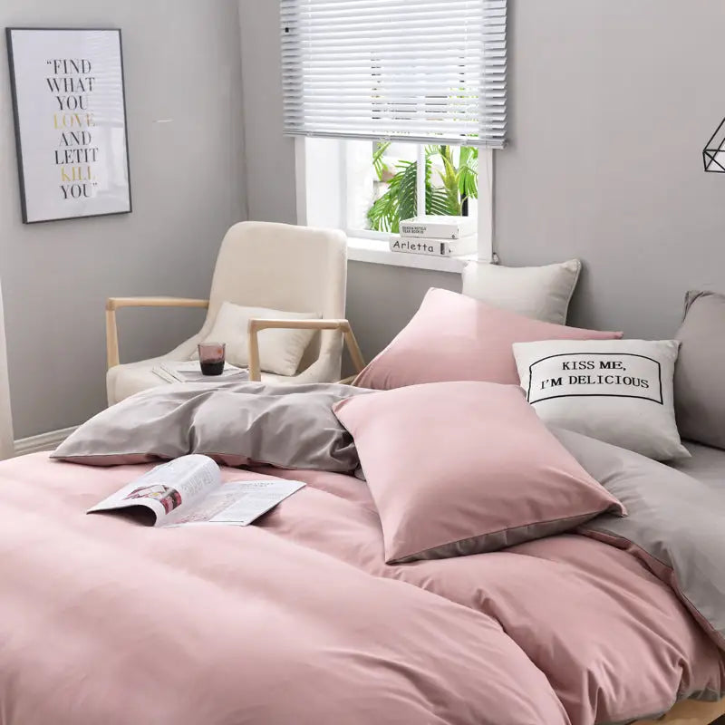 Gray And Pink Stitching Ultra-Soft Solid Color 4-Piece Bedding Set - Queen Size(Suitable for 2m bed) - Home & Garden >