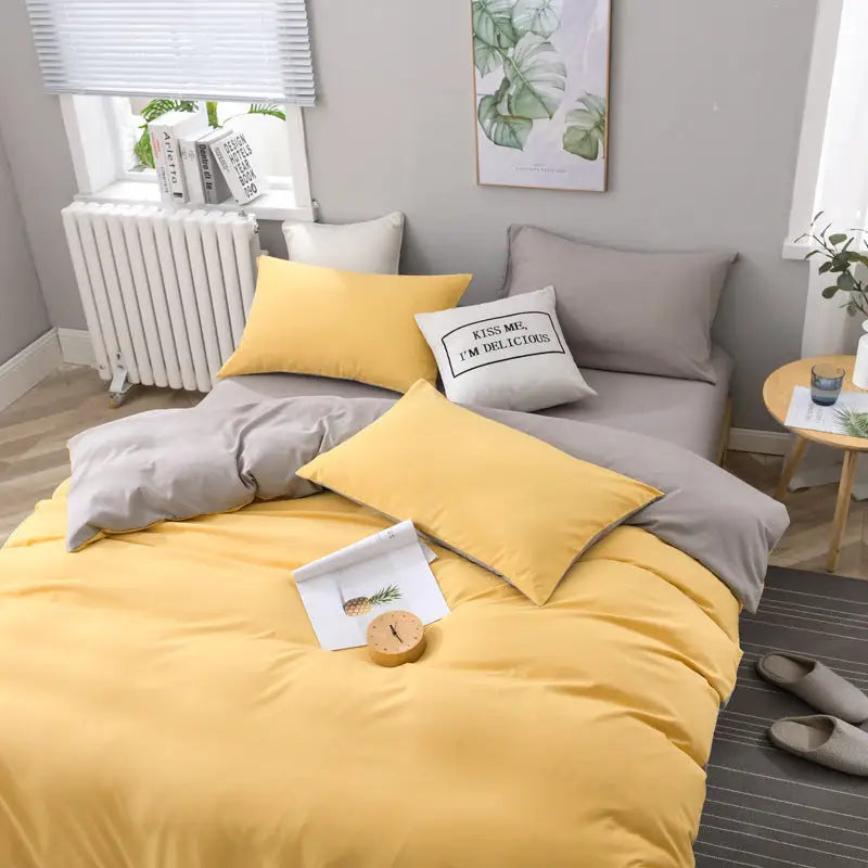 Gray And Yellow Stitching Ultra-Soft Solid Color 4-Piece Bedding Set - Queen Size(Suitable for 2m bed) - Home & Garden
