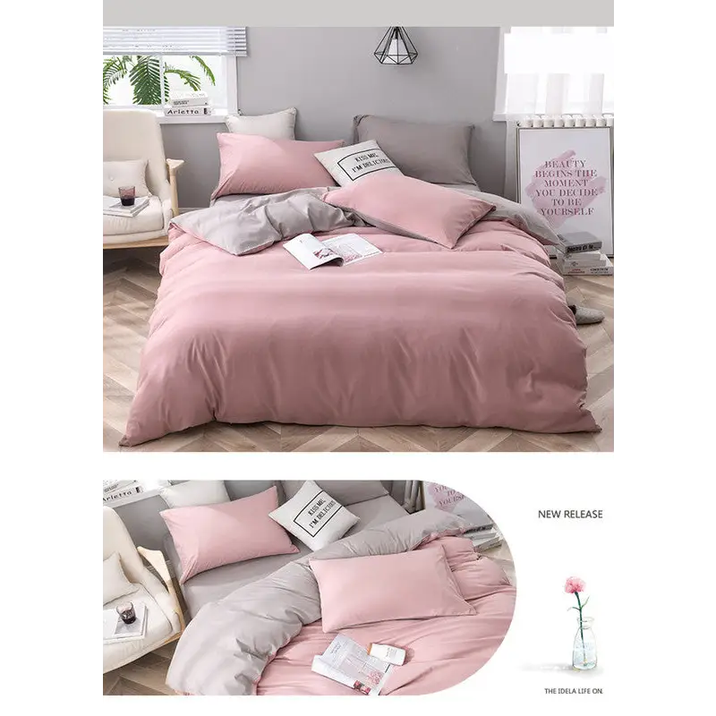 Gray And Yellow Stitching Ultra-Soft Solid Color 4-Piece Bedding Set - Queen Size(Suitable for 2m bed) - Home & Garden