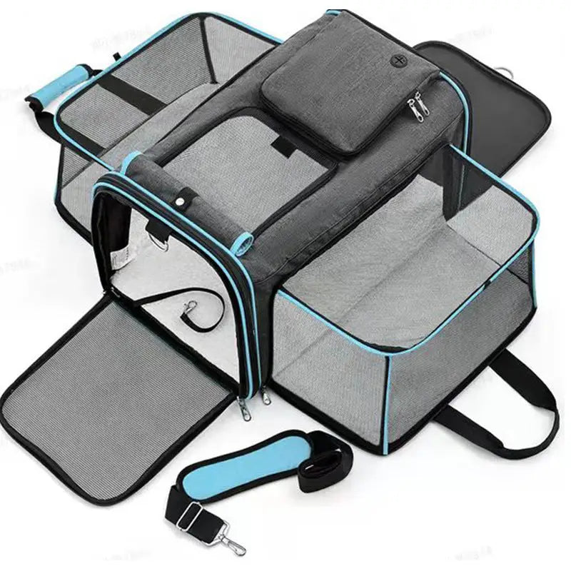 Gray Blue Foldable Portable Pet Carrier Bag - Large Capacity Travel Backpack for Cats and Small Dogs Expandable Car Pet