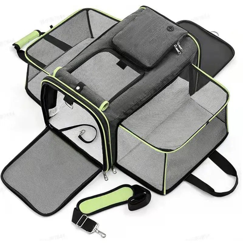 Gray Green Foldable Portable Pet Carrier Bag - Large Capacity Travel Backpack for Cats and Small Dogs Expandable Car