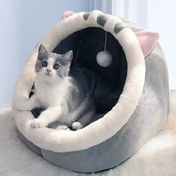 Gray Half-Enclosed Cat Bed - Soft Short Velvet Fabric with Sponge + PP Cotton Filling M Size (35x35x30cm) - Pet Care >