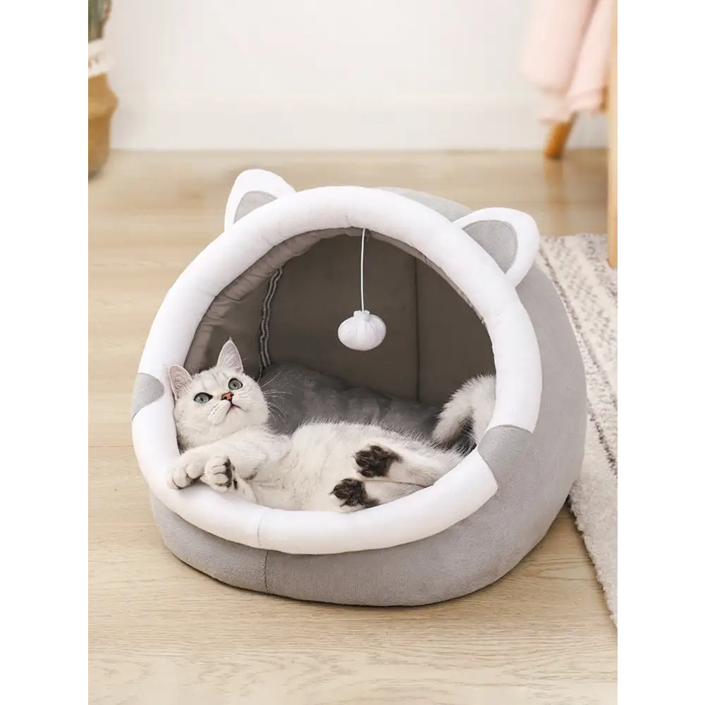 Gray Half-Enclosed Cat Bed - Soft Short Velvet Fabric with Sponge + PP Cotton Filling M Size (35x35x30cm) - Pet Care >