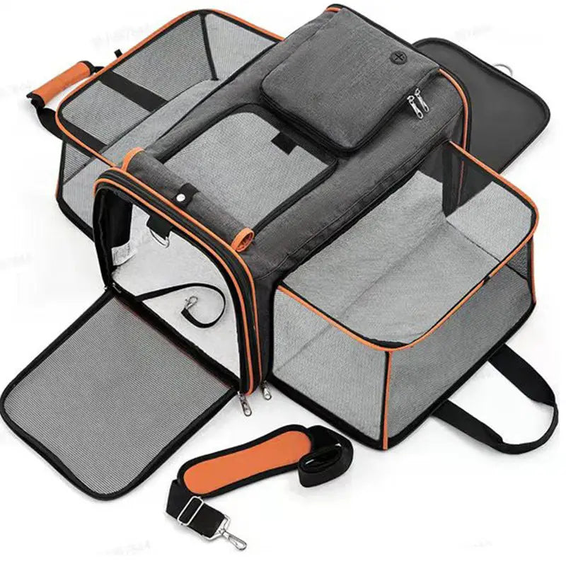 Gray Orange Foldable Portable Pet Carrier Bag - Large Capacity Travel Backpack for Cats and Small Dogs Expandable Car
