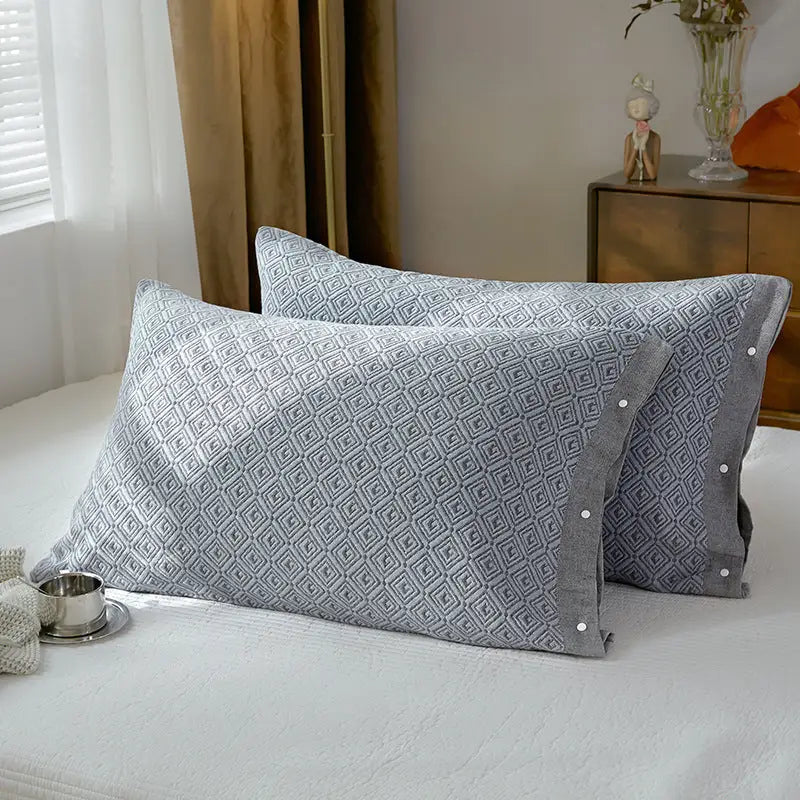 Gray Prism Snap-On Cotton Gauze Pillowcase Set - Full Coverage Non-Slip Easy Closure (One pair without pillow core)